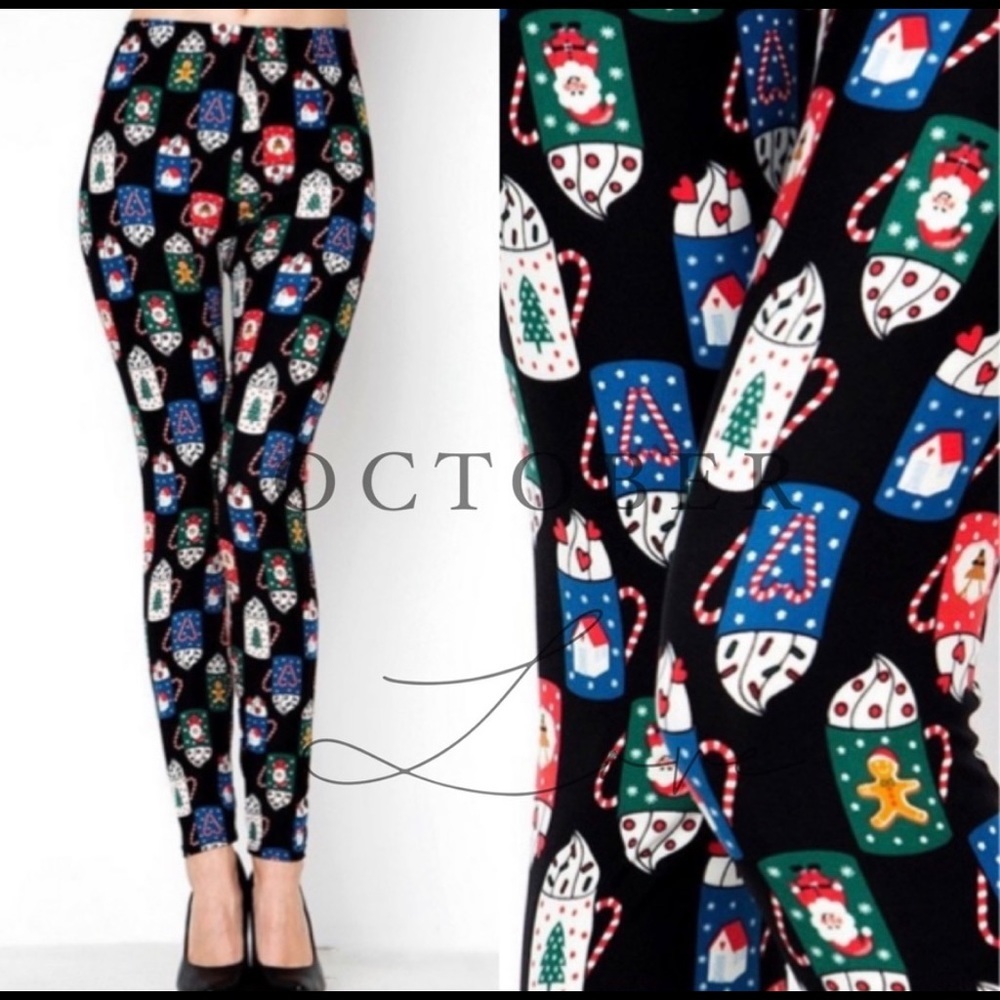 NWT! Plus Size Soft Christmas Cup Leggings Black Soft Brushed Amazing (1x-3x)